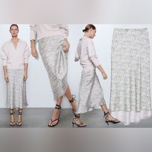 Zara women's large cream floral satin midi hi-low a-line skirt